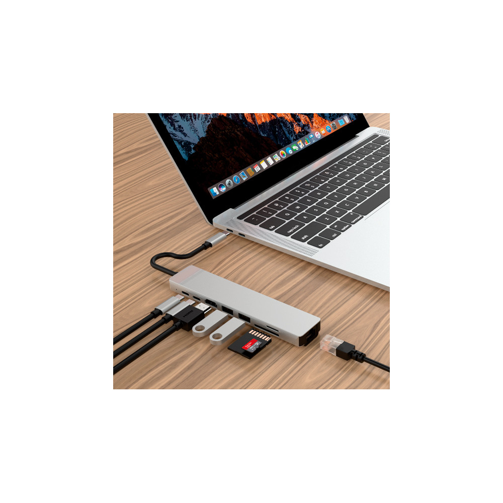 C81 USB-C hub 2x USB 3.0, 2x USB-C, HDMI 4K/60Hz, RJ45, SD, Micro SD, ALU provedení
