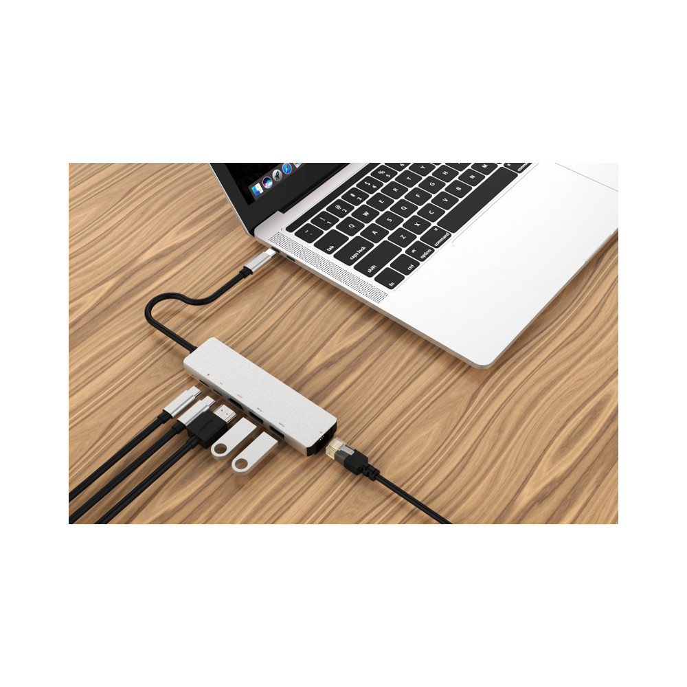 C61 USB-C hub 2x USB 3.0, 2x USB-C, HDMI 4K/60Hz, RJ45, ALU provedení
