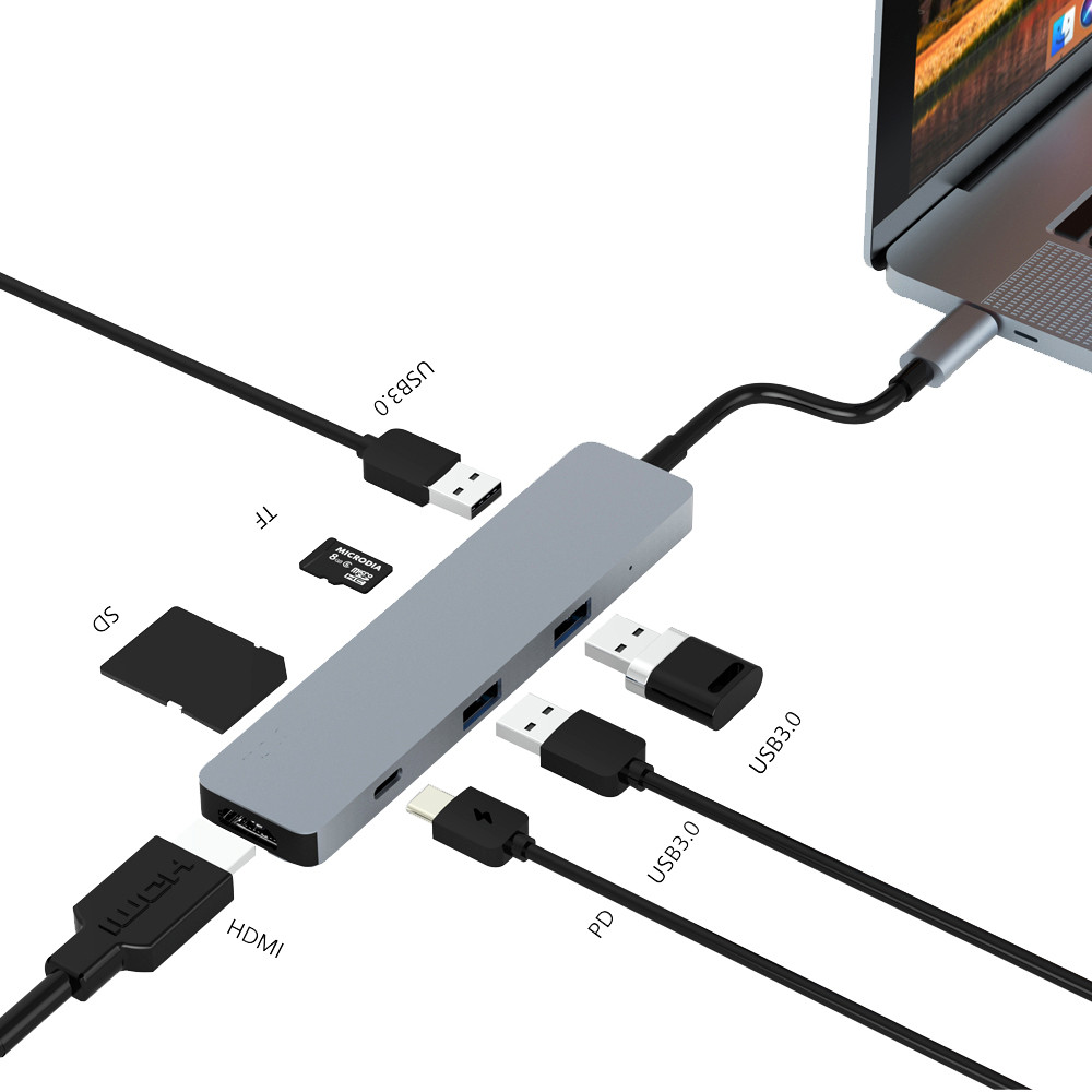 C71 HDMI USB-C Hub, 3x USB 3.0, 1x USB-C, SD, Micro SD, HDMI 4K/30Hz, ALU provedení