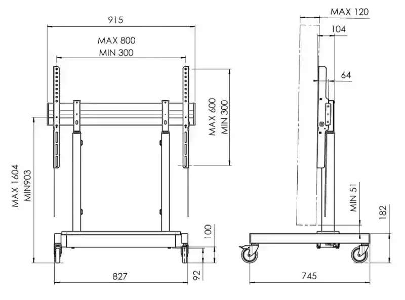 Pojízdný TV stojan RISE 3205 s elektrickým zdvihem až 70cm |TV 65-86" | Max. 100 Kg