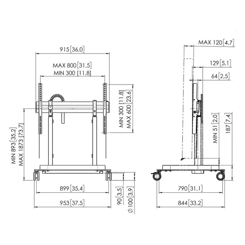 Pojízdný stojan RISE 5308 s dvojitými kolečky a elektrickým zdvihem, Original Vogel's | TV 65"-98" | Nosnost 120kg